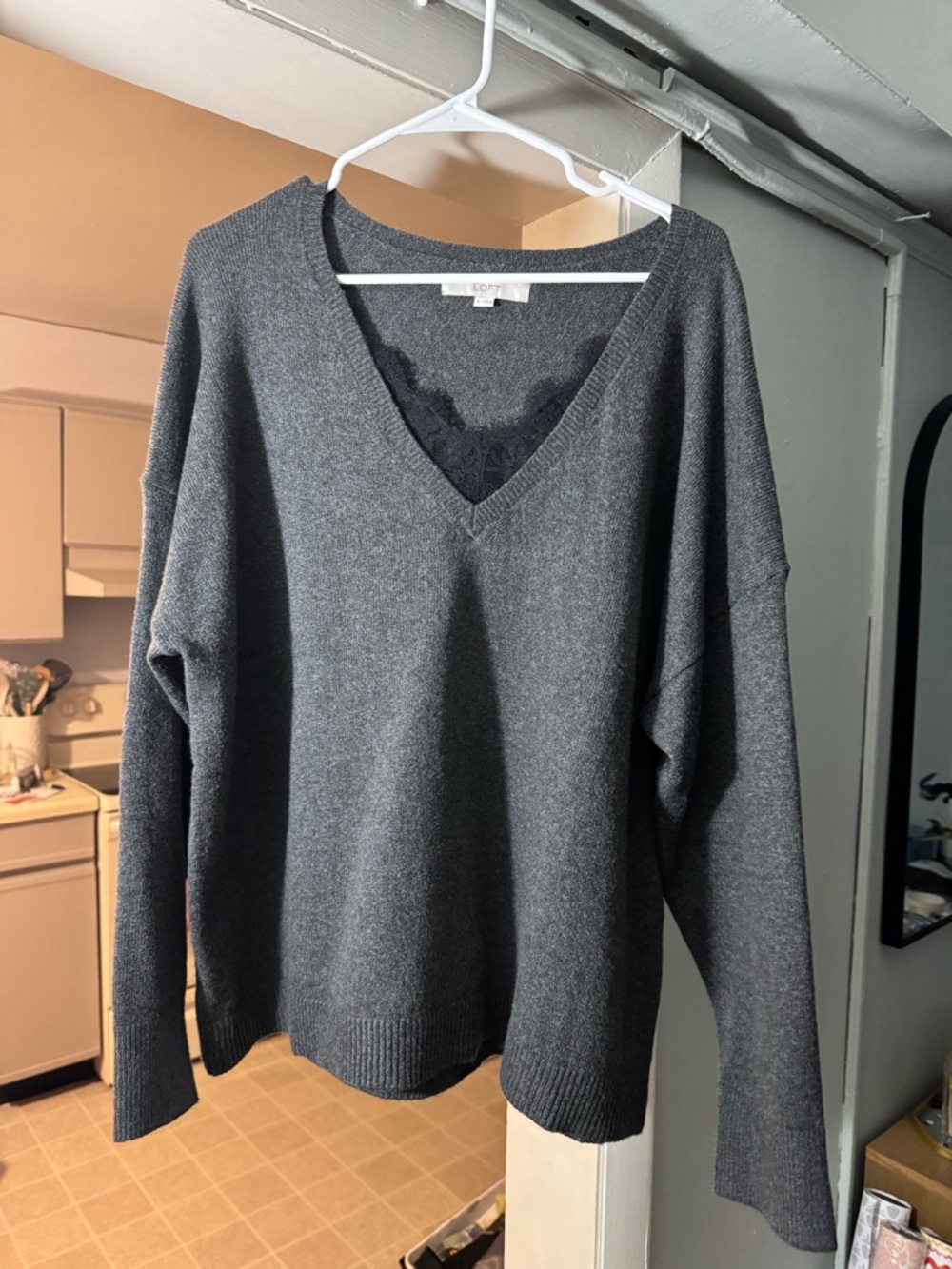 LOFT Charcoal Gray V-Neck Sweater with Lace Inset